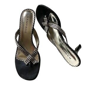 Rampage Nadiya Y2K Black Rhinestone Kitten Heeled Thong Sandals Womens 9.5M